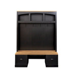 Meuble d'entrée de style ferme avec banc aspect grain de bois, patères et placards bas