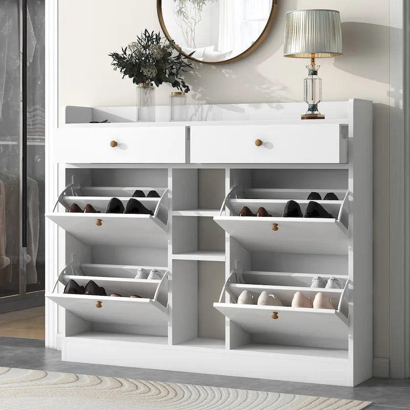 Meuble à chaussures moderne à bascule avec 4 tiroirs à abattant, organisateur de rangement de chaussures multifonctionnel à 2 niveaux avec tiroirs