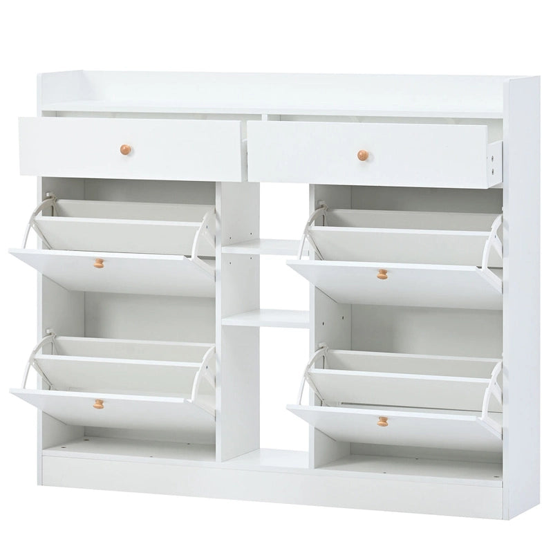 Meuble à chaussures moderne à bascule avec 4 tiroirs à abattant, organisateur de rangement de chaussures multifonctionnel à 2 niveaux avec tiroirs
