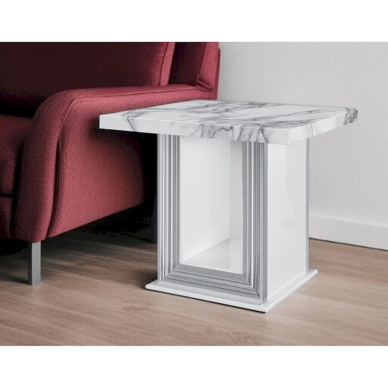 Table d'appoint sur pied 24" en faux marbre blanc et argenté et bois - 26' X '24.4' X '26