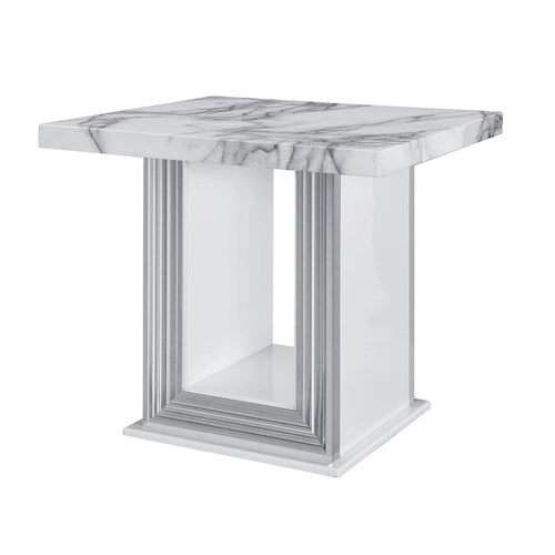 Table d'appoint sur pied 24" en faux marbre blanc et argenté et bois - 26' X '24.4' X '26