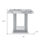 Table d'appoint sur pied 24" en faux marbre blanc et argenté et bois - 26' X '24.4' X '26