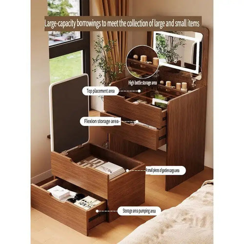 (48cm) Coiffeuse 3-en-1 avec miroir basculant, petite coiffeuse avec plateau en verre, coiffeuse compacte avec 3 tiroirs
