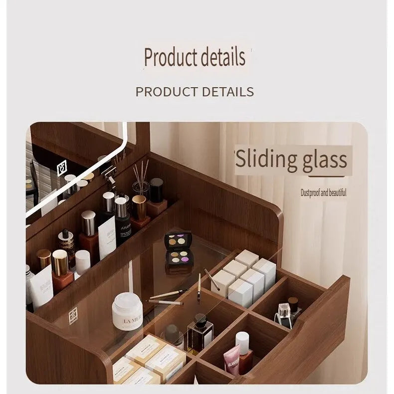 (48cm) Coiffeuse 3-en-1 avec miroir basculant, petite coiffeuse avec plateau en verre, coiffeuse compacte avec 3 tiroirs