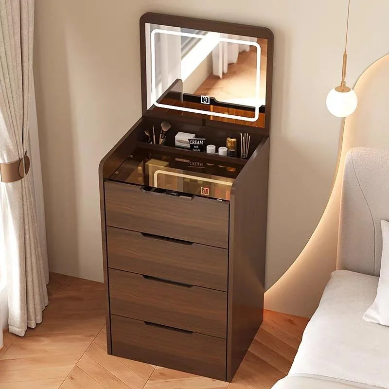 (48cm) Coiffeuse 3-en-1 avec miroir basculant, petite coiffeuse avec plateau en verre, coiffeuse compacte avec 3 tiroirs