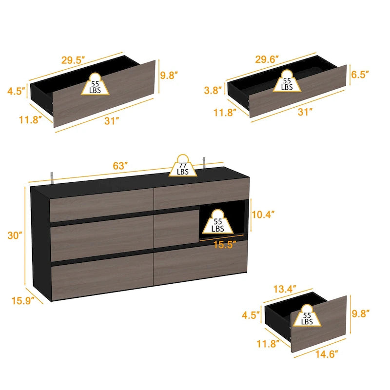 Commode Bahut avec tiroirs effet bois et meuble de rangement noir, organisateur large pour couloir, bureau ou placard