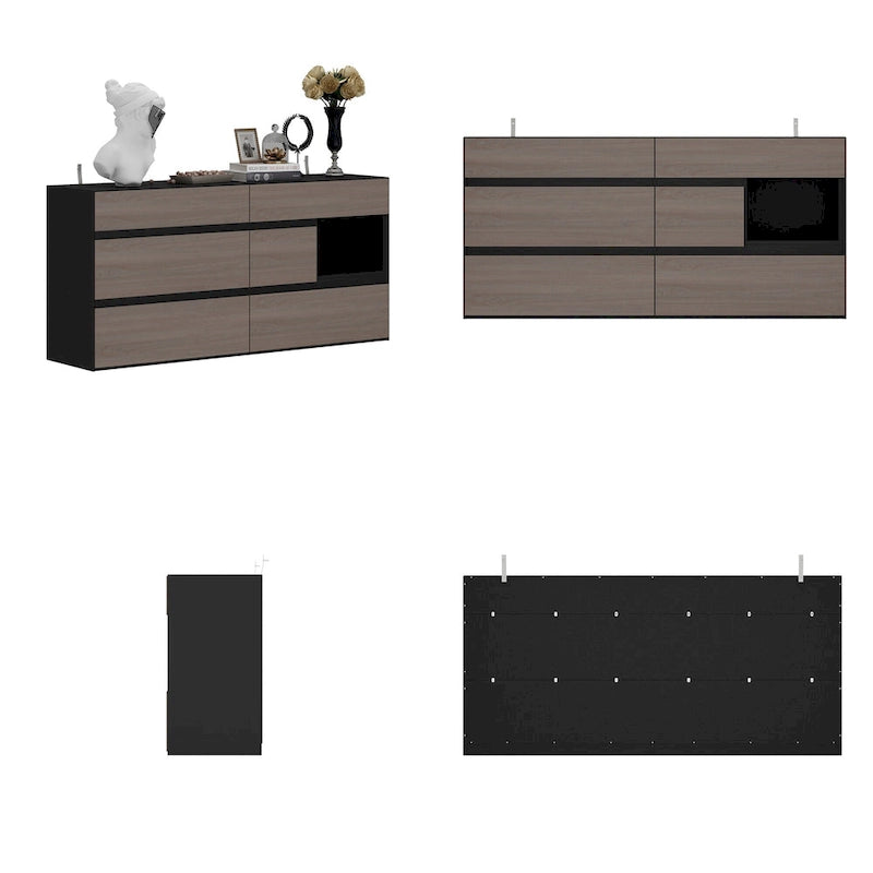 Commode Bahut avec tiroirs effet bois et meuble de rangement noir, organisateur large pour couloir, bureau ou placard