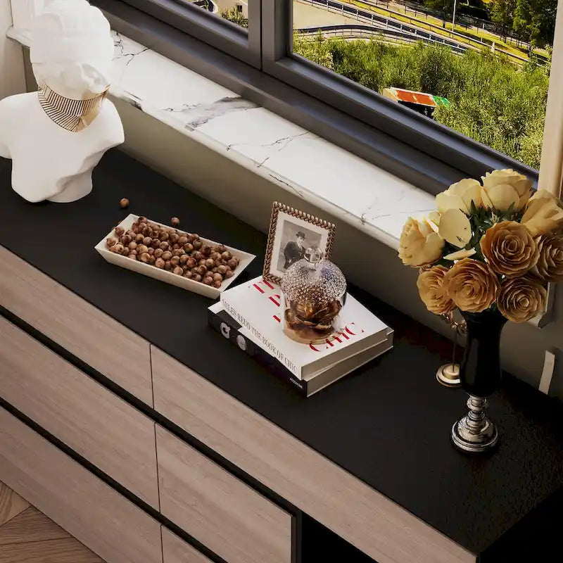 Commode Bahut avec tiroirs effet bois et meuble de rangement noir, organisateur large pour couloir, bureau ou placard