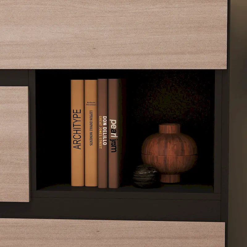 Commode Bahut avec tiroirs effet bois et meuble de rangement noir, organisateur large pour couloir, bureau ou placard