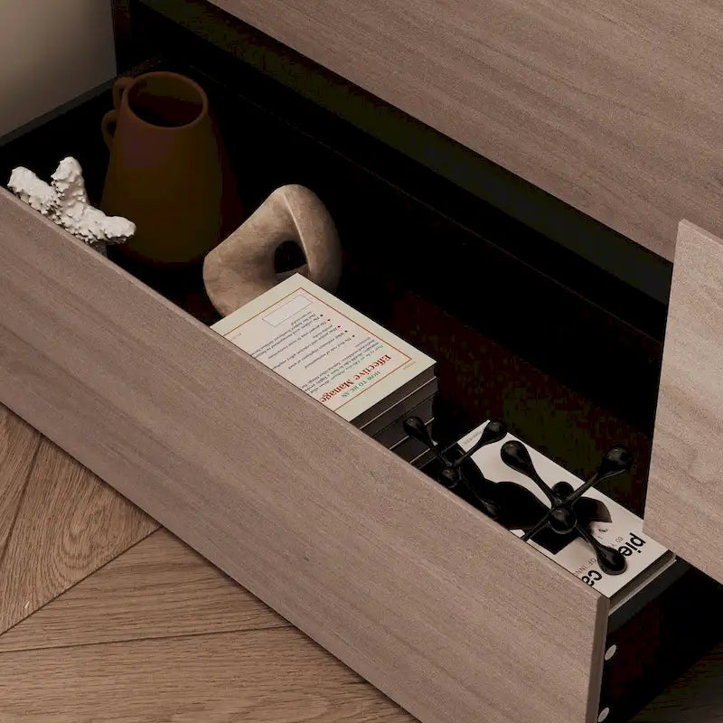 Commode Bahut avec tiroirs effet bois et meuble de rangement noir, organisateur large pour couloir, bureau ou placard
