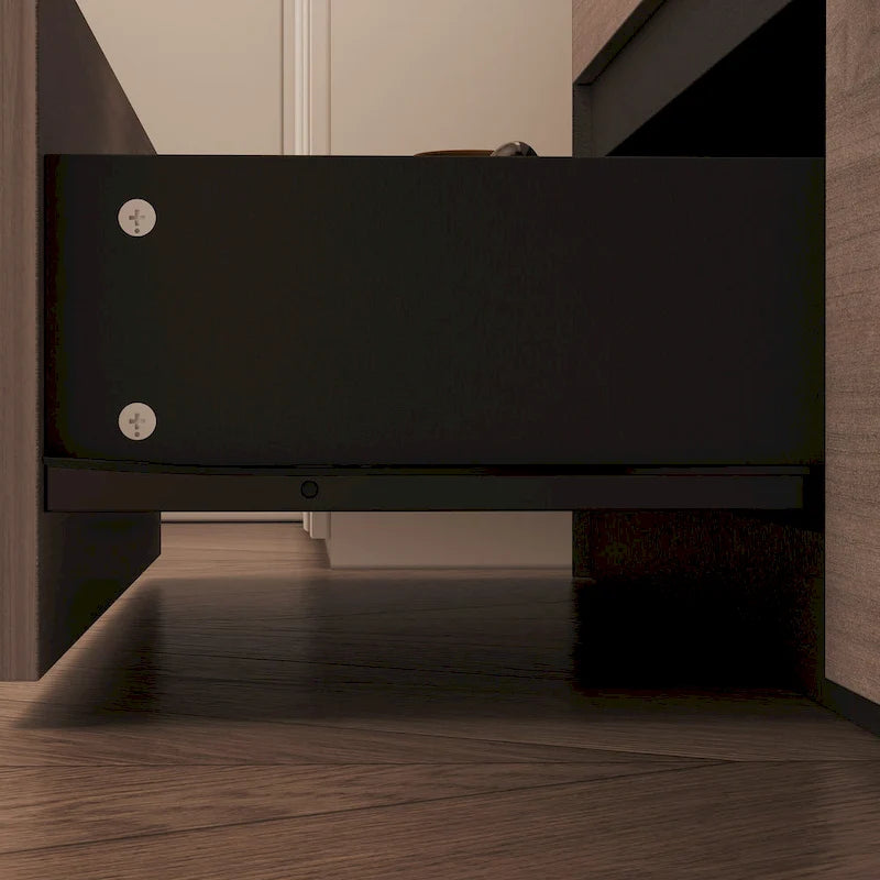 Commode Bahut avec tiroirs effet bois et meuble de rangement noir, organisateur large pour couloir, bureau ou placard