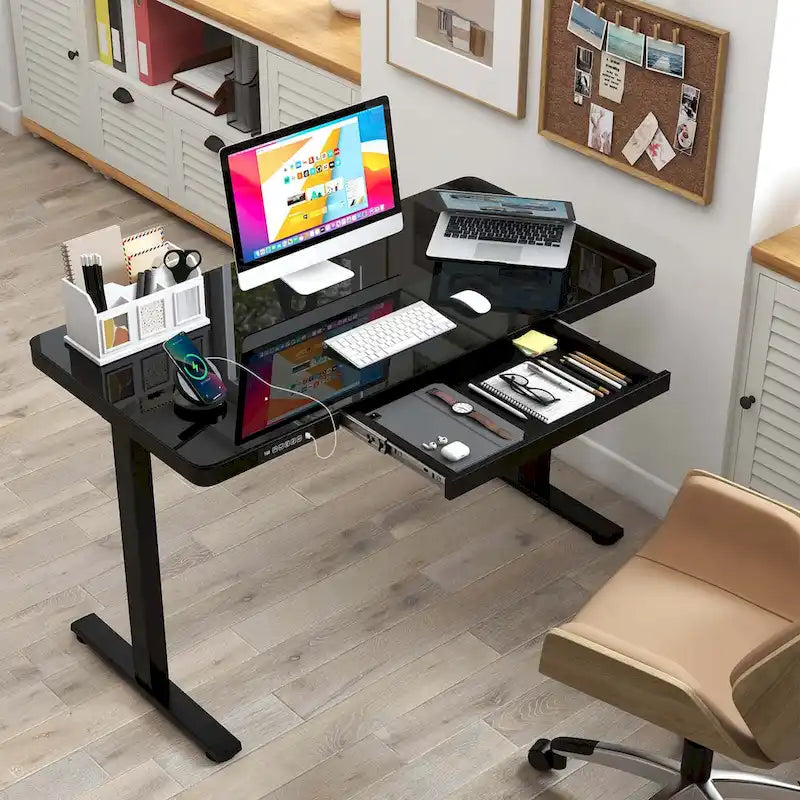 Bureau debout en verre monobloc 48 x 24 avec tiroirs inscriptibles