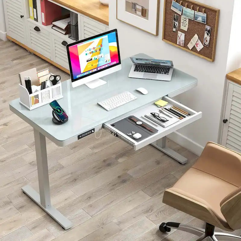 Bureau debout en verre monobloc 48 x 24 avec tiroirs inscriptibles