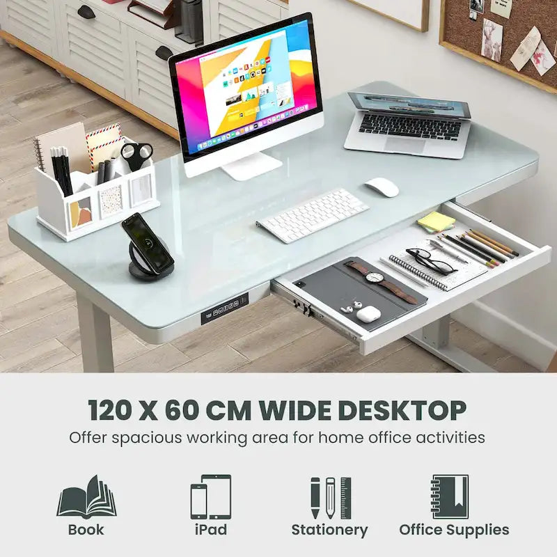 Bureau debout en verre monobloc 48 x 24 avec tiroirs inscriptibles