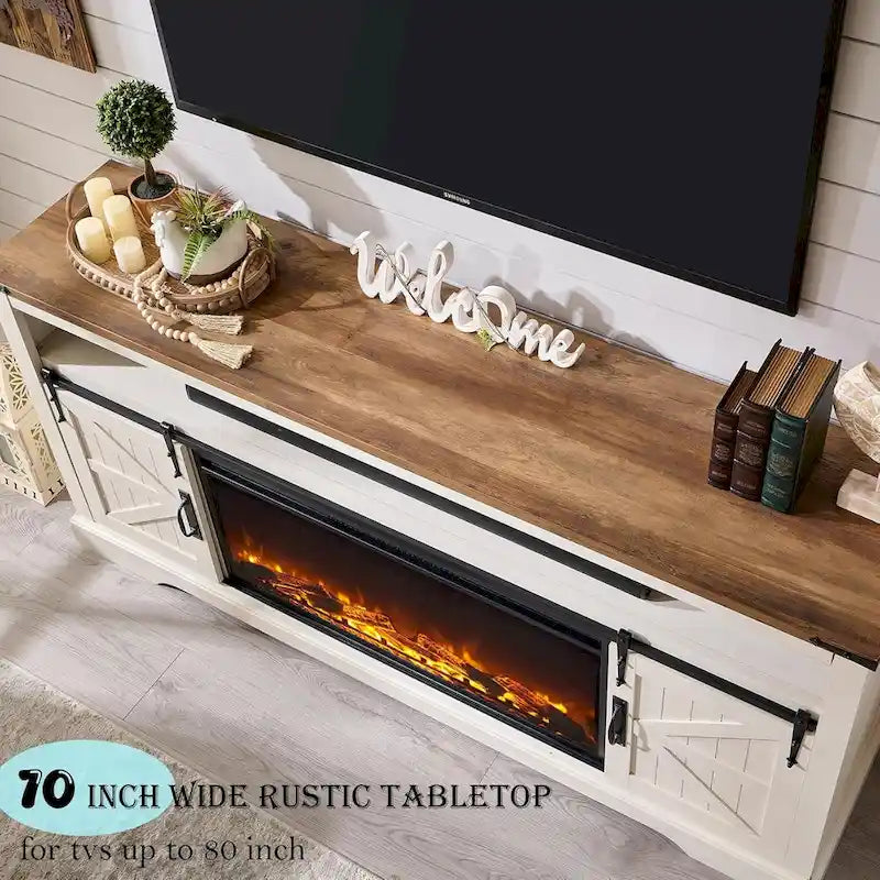 Meuble TV de cheminée de ferme pour téléviseur de 80 po, meuble de divertissement rustique
