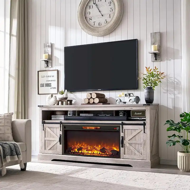 Meuble TV de cheminée de ferme pour téléviseur de 80 po, meuble de divertissement rustique