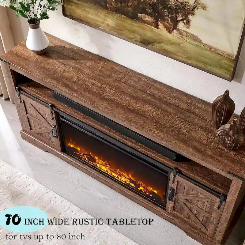 Meuble TV de cheminée de ferme pour téléviseur de 80 po, meuble de divertissement rustique