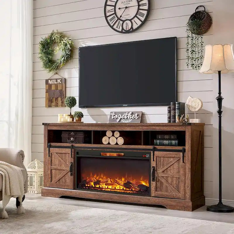 Meuble TV de cheminée de ferme pour téléviseur de 80 po, meuble de divertissement rustique