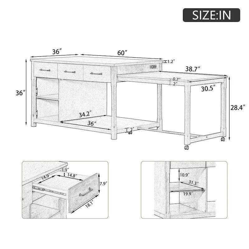 Ilot de cuisine extensible rétro en bois avec prises de courant intégrées et tiroirs
