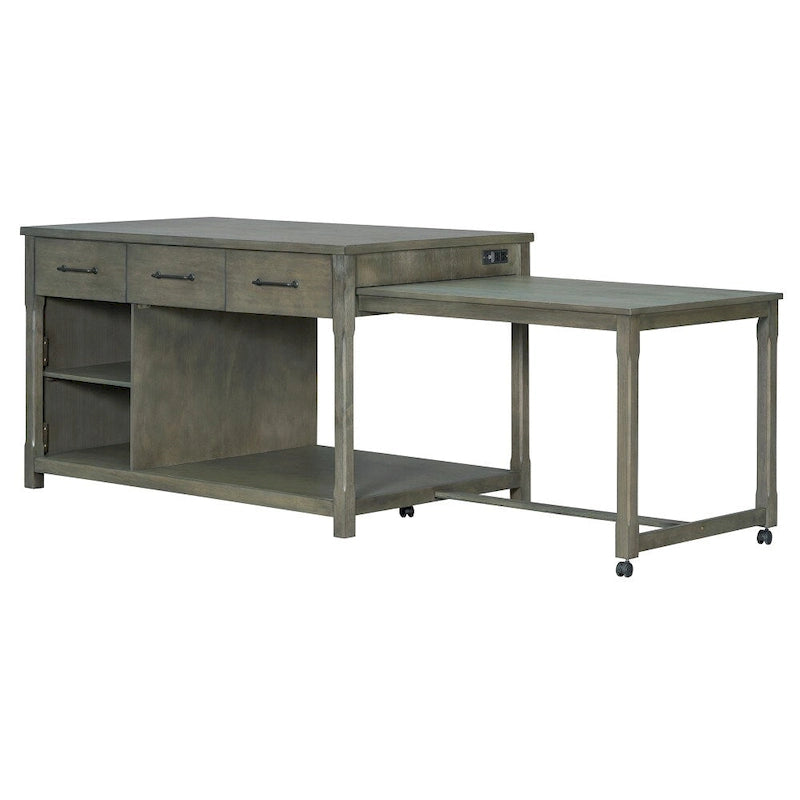 Ilot de cuisine extensible rétro en bois avec prises de courant intégrées et tiroirs