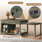 Ilot de cuisine extensible rétro en bois avec prises de courant intégrées et tiroirs