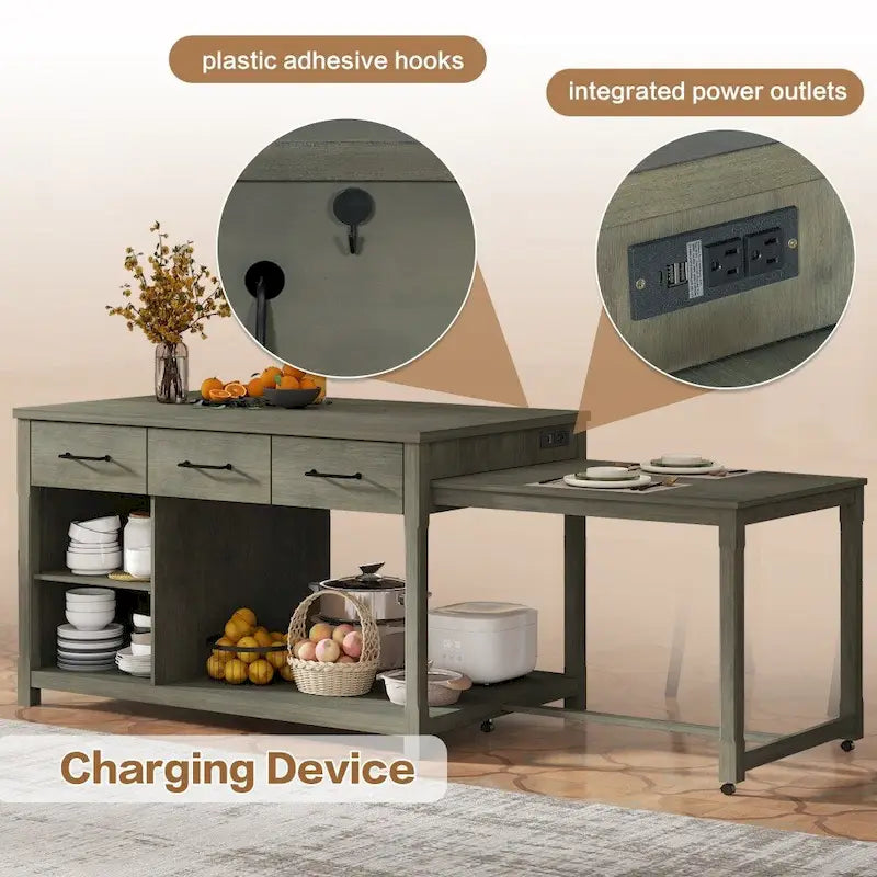 Ilot de cuisine extensible rétro en bois avec prises de courant intégrées et tiroirs