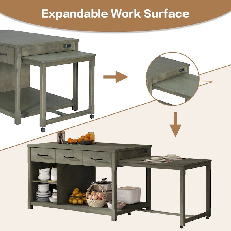 Ilot de cuisine extensible rétro en bois avec prises de courant intégrées et tiroirs