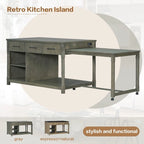 Ilot de cuisine extensible rétro en bois avec prises de courant intégrées et tiroirs
