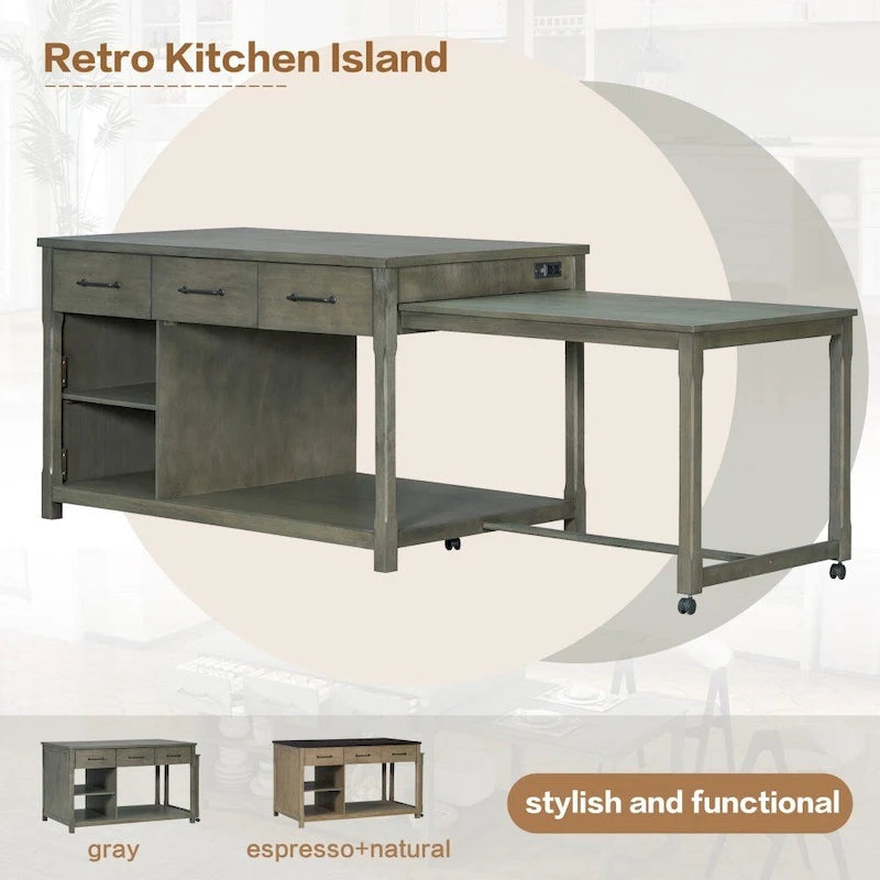 Ilot de cuisine extensible rétro en bois avec prises de courant intégrées et tiroirs