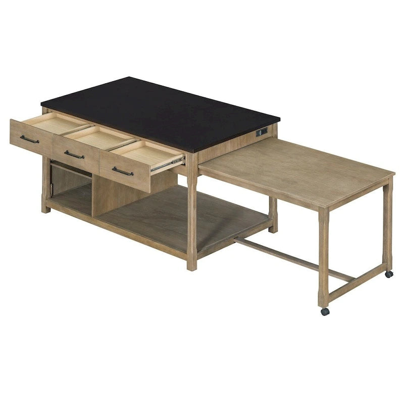 Ilot de cuisine extensible rétro en bois avec prises de courant intégrées et tiroirs