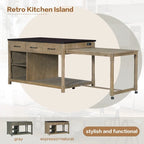Ilot de cuisine extensible rétro en bois avec prises de courant intégrées et tiroirs