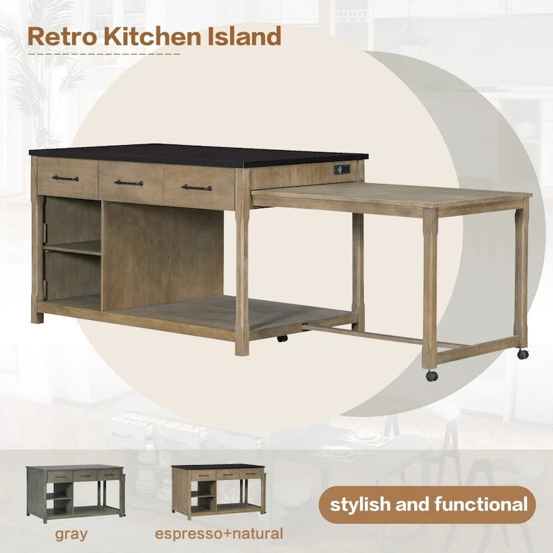 Ilot de cuisine extensible rétro en bois avec prises de courant intégrées et tiroirs