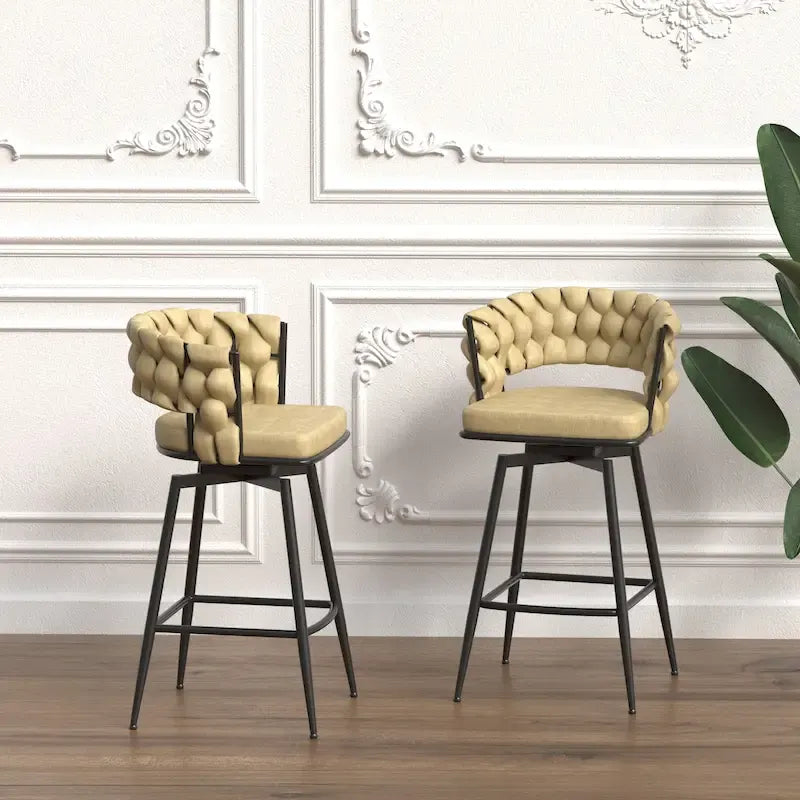Lot de 2 tabourets de bar hauteur comptoir, tabourets de bar pivotants avec dossier tressé, chaises d'îlot de cuisine avec repose-pieds et cadre en métal