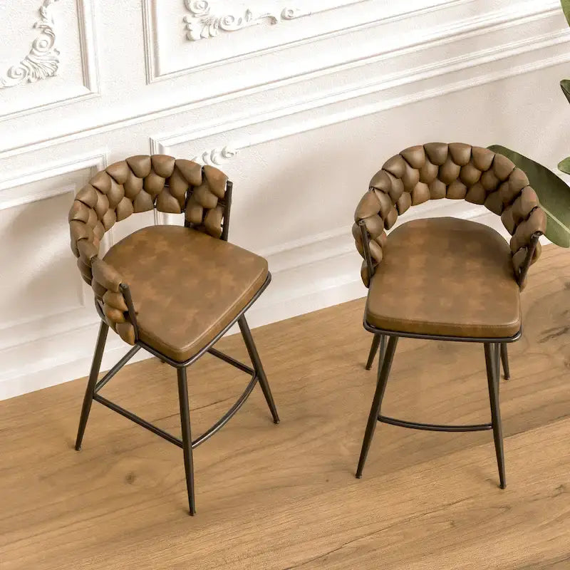 Lot de 2 tabourets de bar hauteur comptoir, tabourets de bar pivotants avec dossier tressé, chaises d'îlot de cuisine avec repose-pieds et cadre en métal