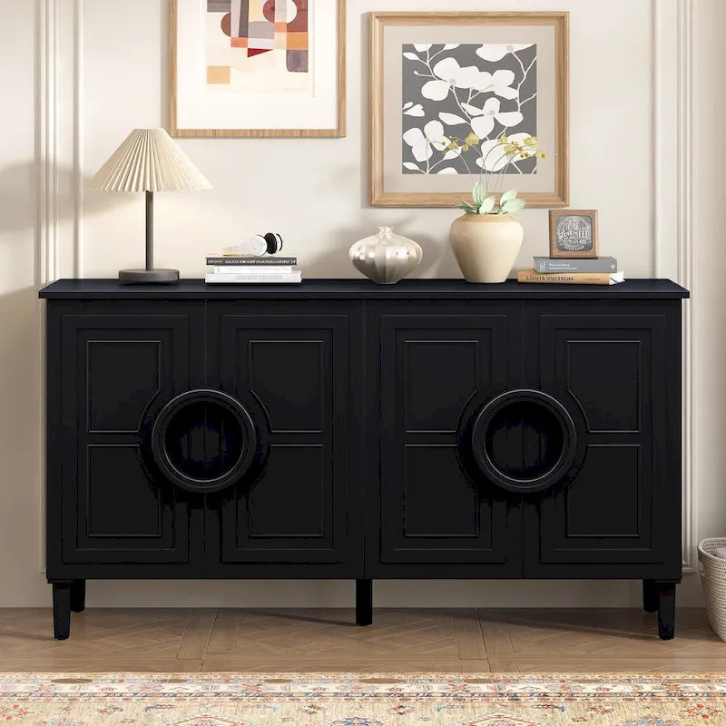 Buffet avec poignées rondes, meuble de rangement en bois avec étagère réglable, console avec 4 portes