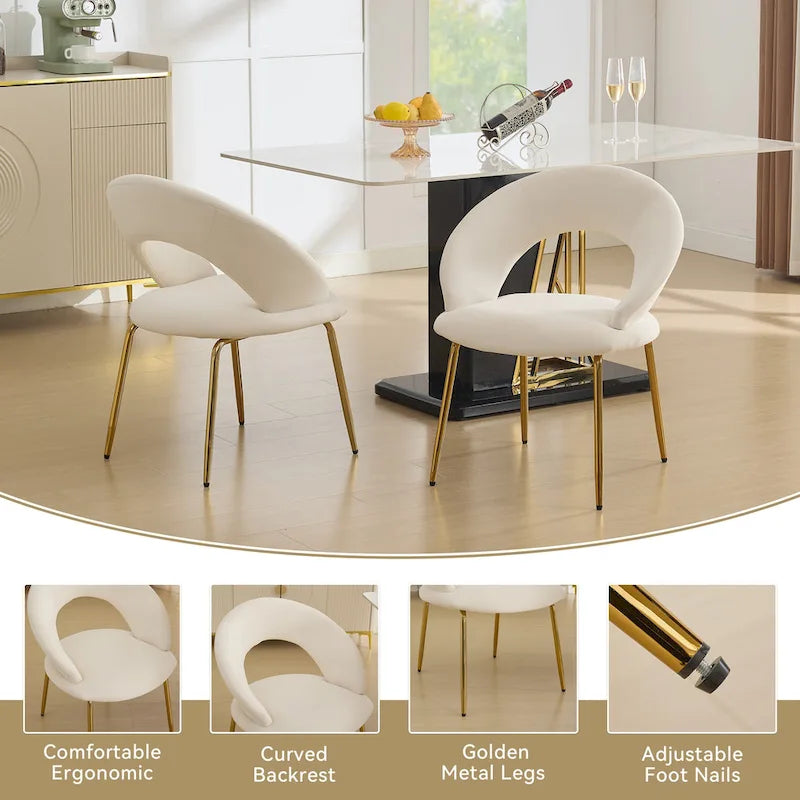 Chaises de salle à manger d'appoint en velours avec dossier incurvé et pieds en métal doré - Capacité de 113 kg