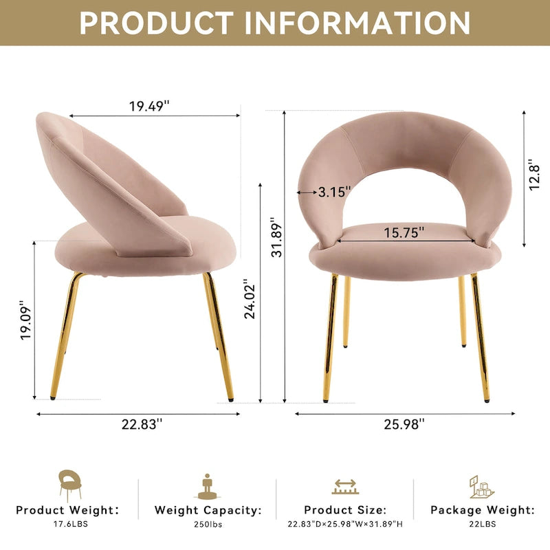 Chaises de salle à manger d'appoint en velours avec dossier incurvé et pieds en métal doré - Capacité de 113 kg