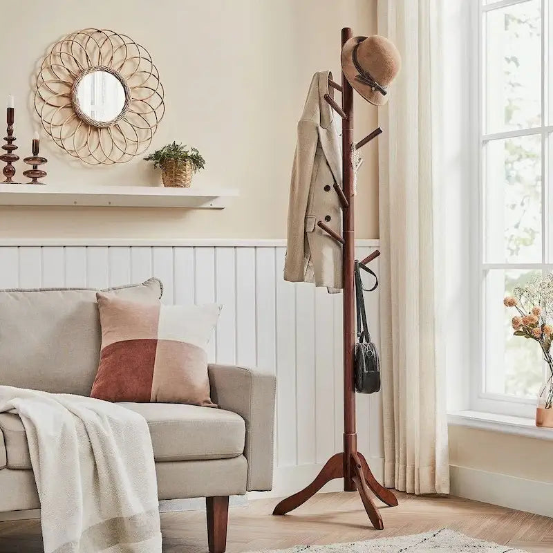 Porte-manteau moderne en bois massif, 8 crochets, capacité de 24 kg, conception réglable en 3 sections avec base triangulaire