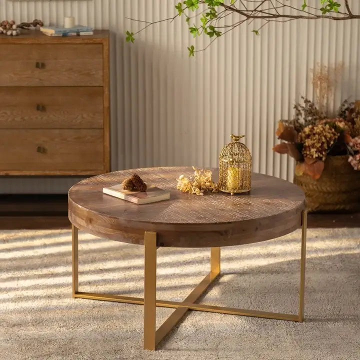 Table basse ronde moderne rétro à empiècements avec pieds croisés