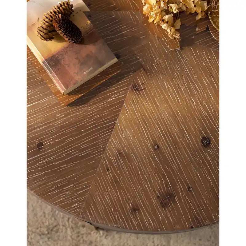 Table basse ronde moderne rétro à empiècements avec pieds croisés