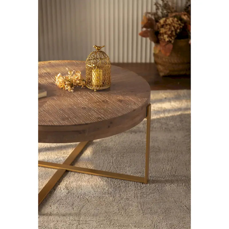 Table basse ronde moderne rétro à empiècements avec pieds croisés