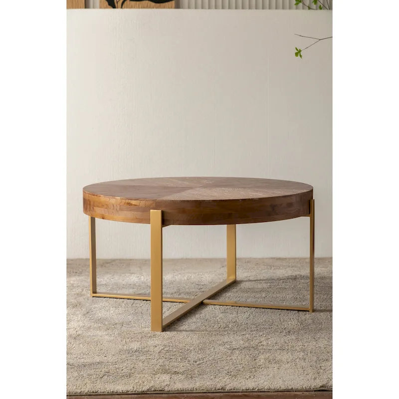 Table basse ronde moderne rétro à empiècements avec pieds croisés