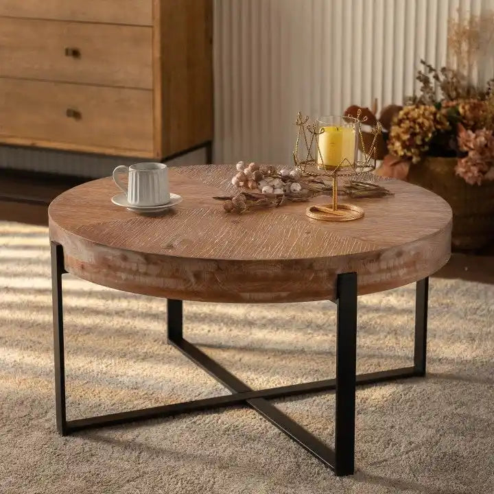 Table basse ronde moderne rétro à empiècements avec pieds croisés
