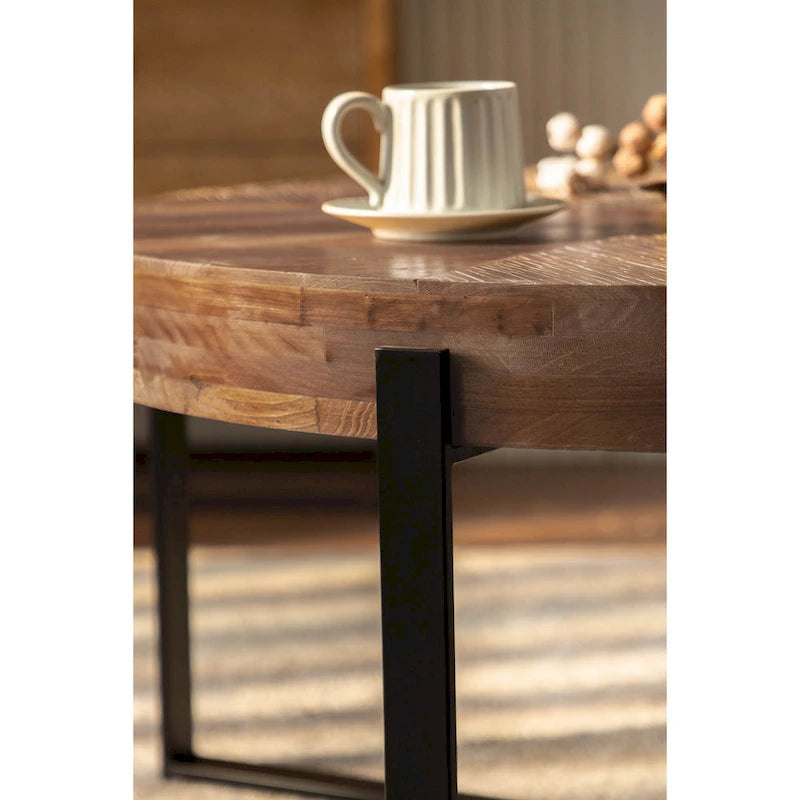 Table basse ronde moderne rétro à empiècements avec pieds croisés