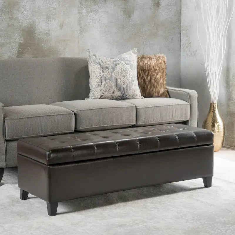 Banc de rangement ottoman Mission en similicuir touffeté marron
