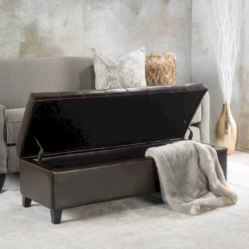 Banc de rangement ottoman Mission en similicuir touffeté marron