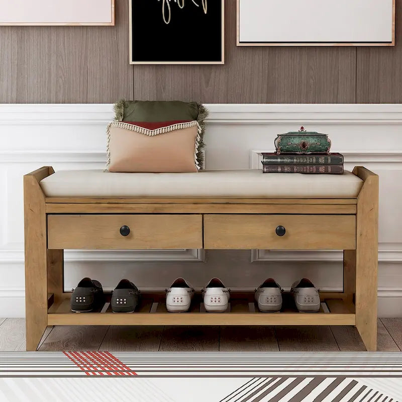 Banc de rangement multifonctionnel avec porte-chaussures, assise rembourrée et tiroirs