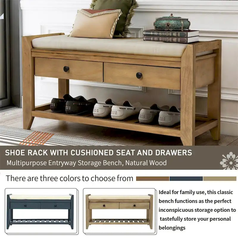 Banc de rangement multifonctionnel avec porte-chaussures, assise rembourrée et tiroirs