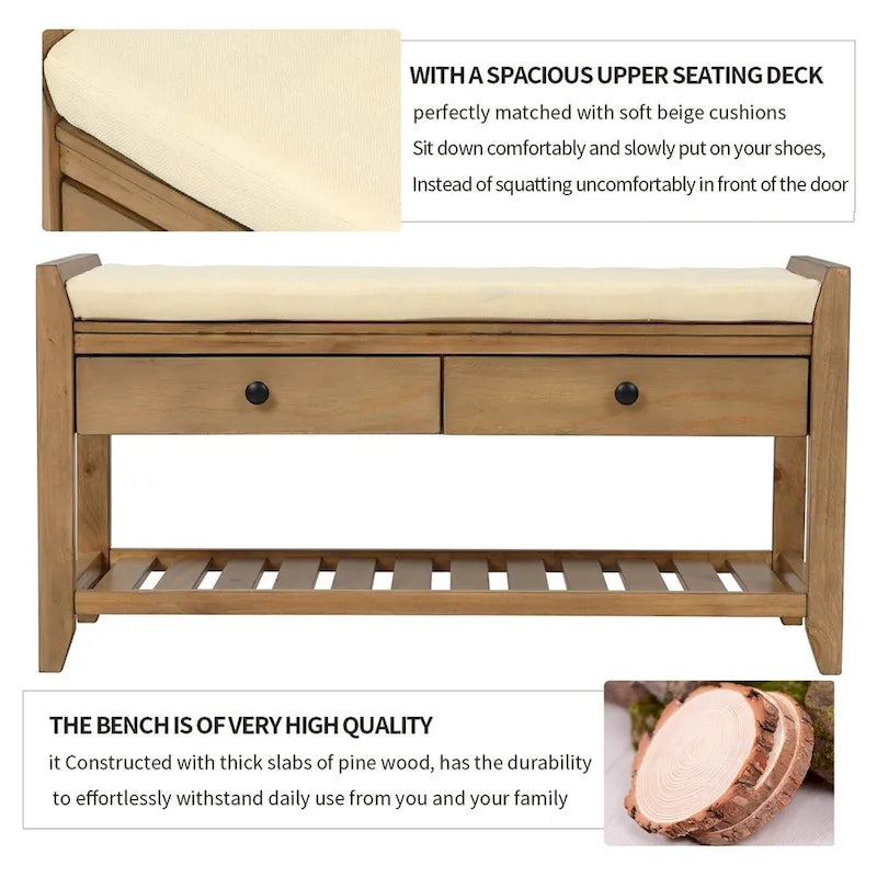 Banc de rangement multifonctionnel avec porte-chaussures, assise rembourrée et tiroirs