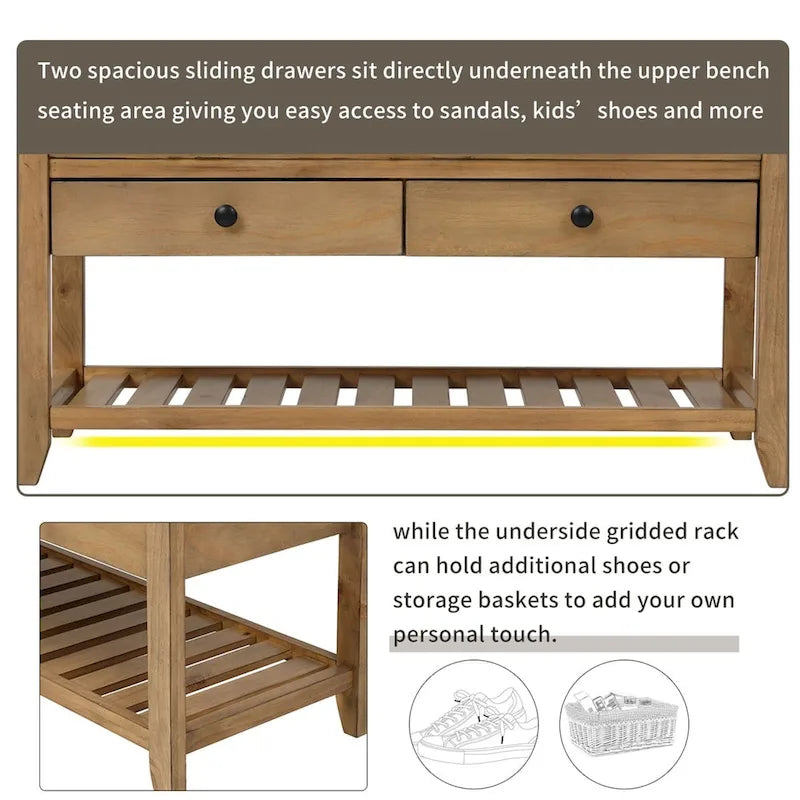 Banc de rangement multifonctionnel avec porte-chaussures, assise rembourrée et tiroirs